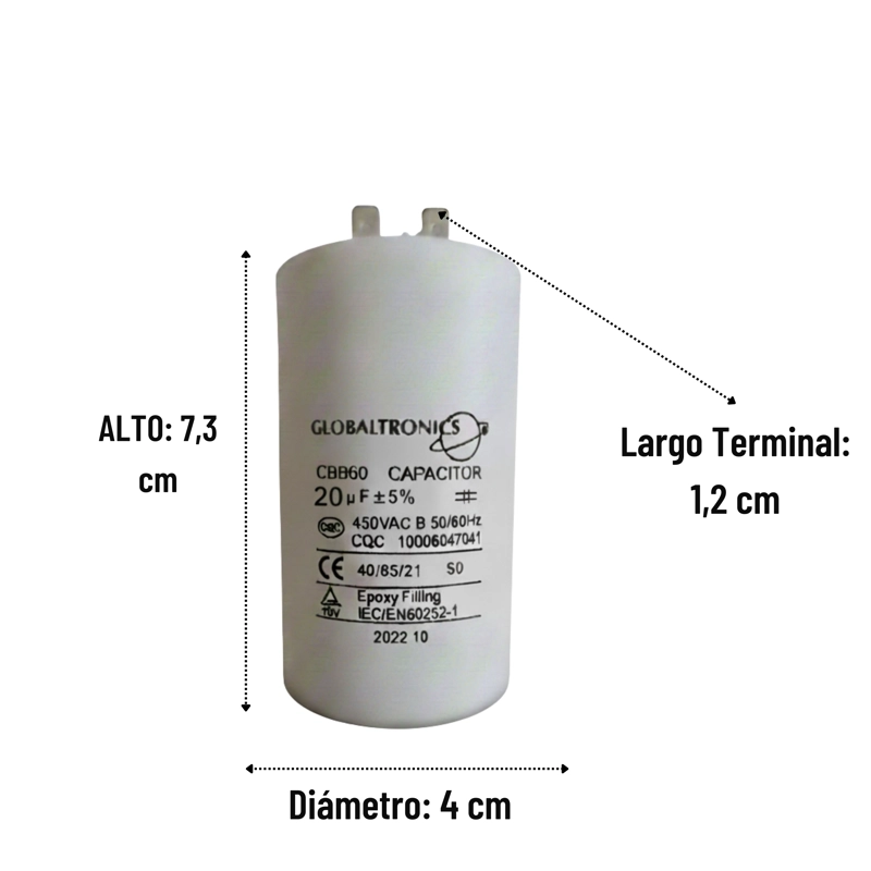 CONDENSADOR | CAPACITOR PERMANENTE C/TERMINAL 20UF | 450VAC | 50/60HZ - 2