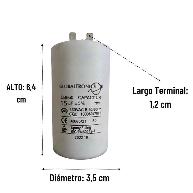 CONDENSADOR | CAPACITOR PERMANENTE C/TERMINAL 15UF | 450VAC | 50/60HZ - 2