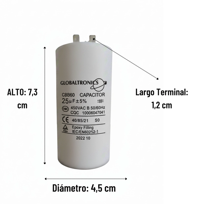 CONDENSADOR | CAPACITOR PERMANENTE C/TERMINAL 25UF | 450VAC | 50/60HZ - 2