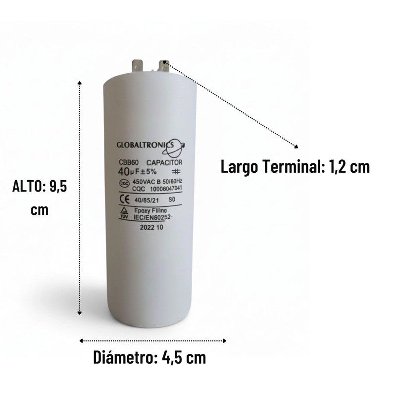 CONDENSADOR | CAPACITOR PERMANENTE C/TERMINAL 40UF | 450VAC | 50/60HZ - 2