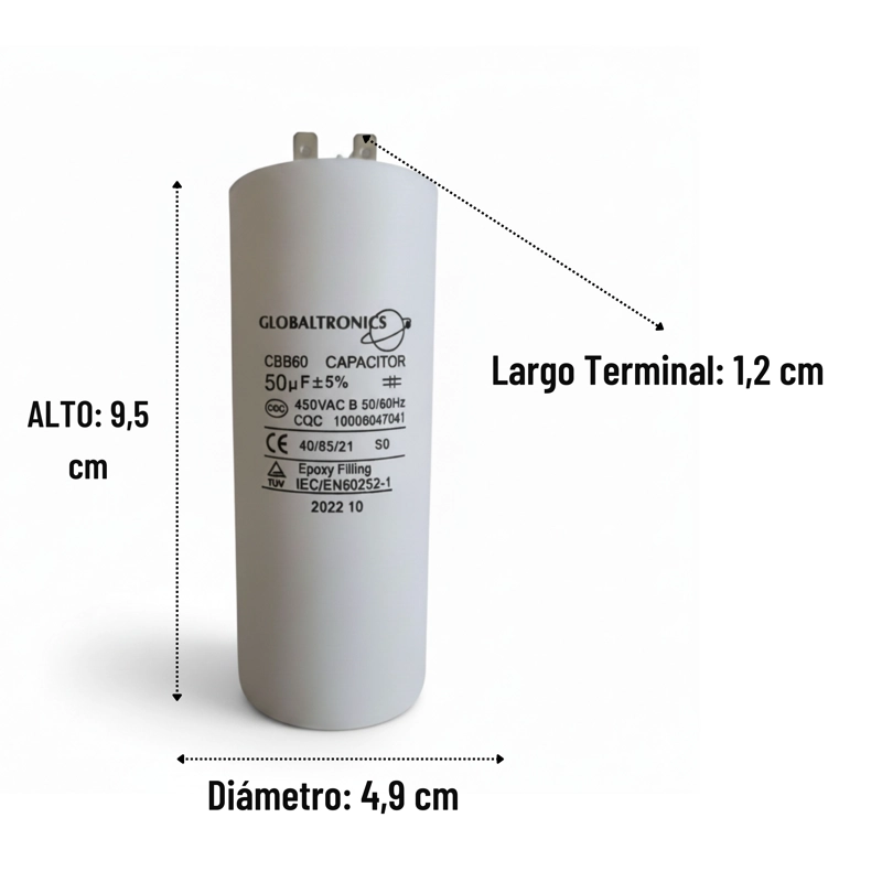 CONDENSADOR | CAPACITOR PERMANENTE C/TERMINAL 50UF | 450VAC | 50/60HZ - 2