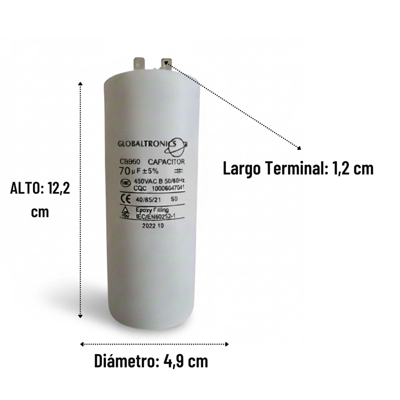 CONDENSADOR | CAPACITOR PERMANENTE C/TERMINAL 70UF | 450VAC | 50/60HZ - 2