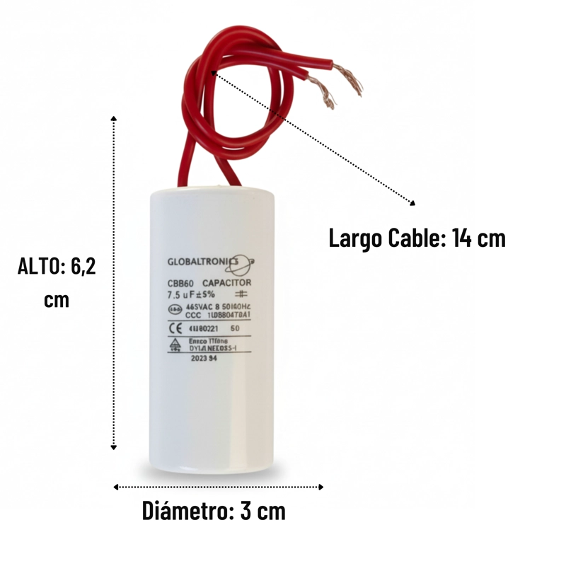 CONDENSADOR | CAPACITOR PERMANENTE CON CABLE | 7,5 UF | 450VAC | 50/60 HZ - 2