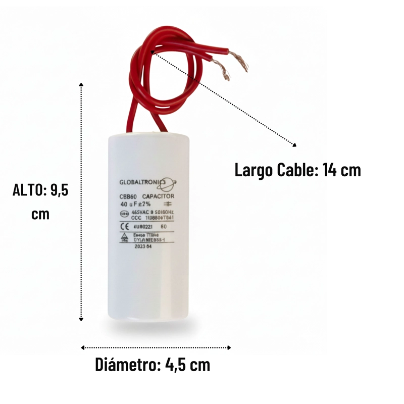 CONDENSADOR | CAPACITOR PERMANENTE CON CABLE | 40 UF | 450VAC | 50/60 HZ - 2