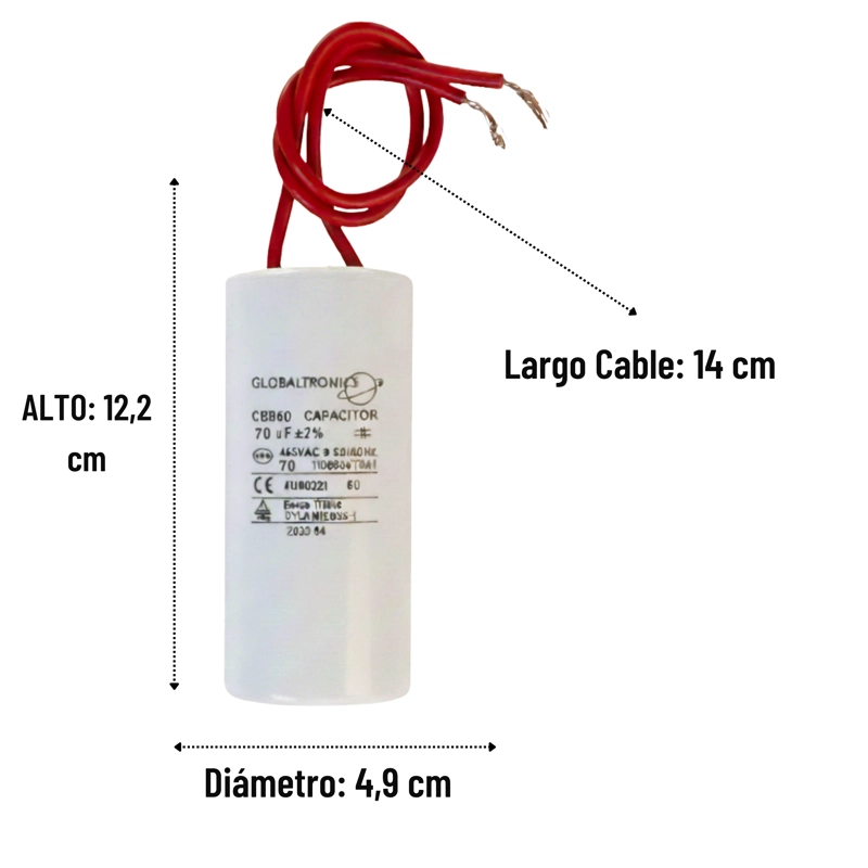 CONDENSADOR | CAPACITOR PERMANENTE CON CABLE | 70 UF | 450VAC | 50/60 HZ - 2