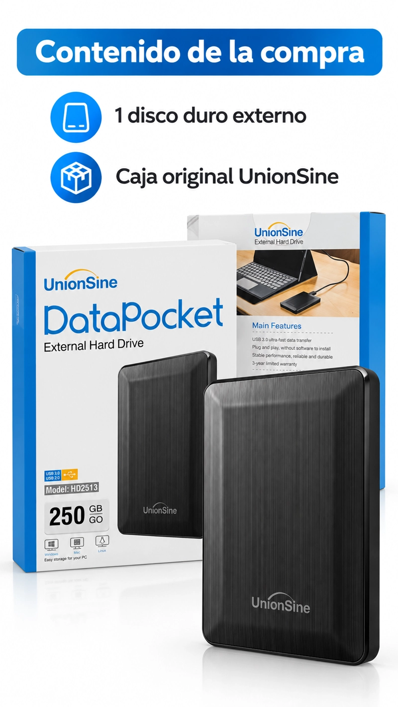 DISCO DURO EXTERNO UNIONSINE 250GB HDD USB 3.0 CABLE INCLUIDO - 8