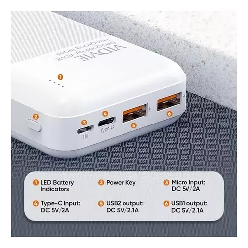 CARGADOR PORTÁTIL POWER BANK 20,000 MAH VIDVIE, COLOR EN COLOR BLANCO - 6