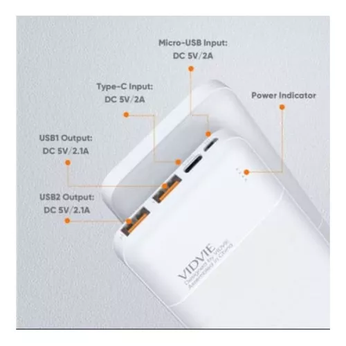 CARGADOR PORTÁTIL POWER BANK 20,000 MAH VIDVIE, COLOR EN COLOR BLANCO - 7