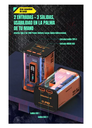 BATERÍA EXTERNA POWER BANK 20,000 MAH, CARGA RÁPIDA, COLOR NARANJO - 8