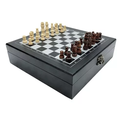 SET DE LUJO TABLERO DE AJEDREZ DE MADERA + DOMINÓ + CARTAS PÓKER NEGRO - 1