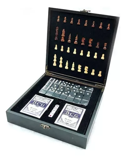 SET DE LUJO TABLERO DE AJEDREZ DE MADERA + DOMINÓ + CARTAS PÓKER NEGRO - 4