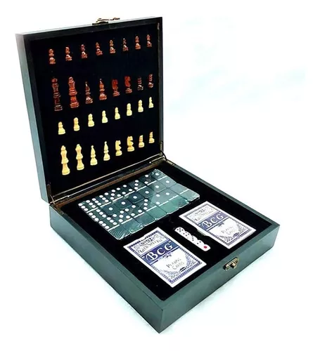 SET DE LUJO TABLERO DE AJEDREZ DE MADERA + DOMINÓ + CARTAS PÓKER NEGRO - 5