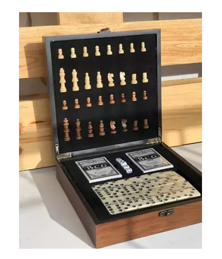 SET DE LUJO TABLERO DE AJEDREZ DE MADERA + DOMINÓ + CARTAS PÓKER NEGRO - 8