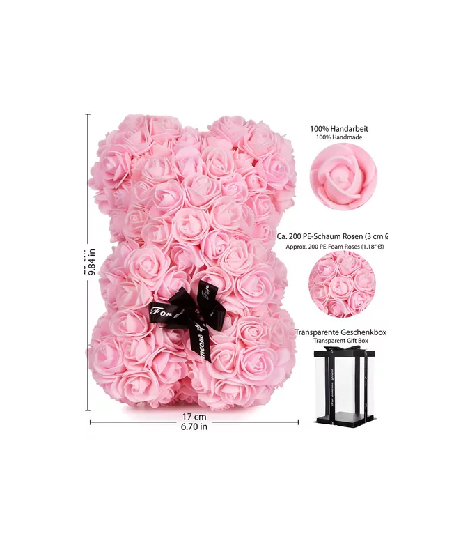 OSO DE FLORES ARTIFICIALES, OSITO DE ROSAS ROSADO - 3