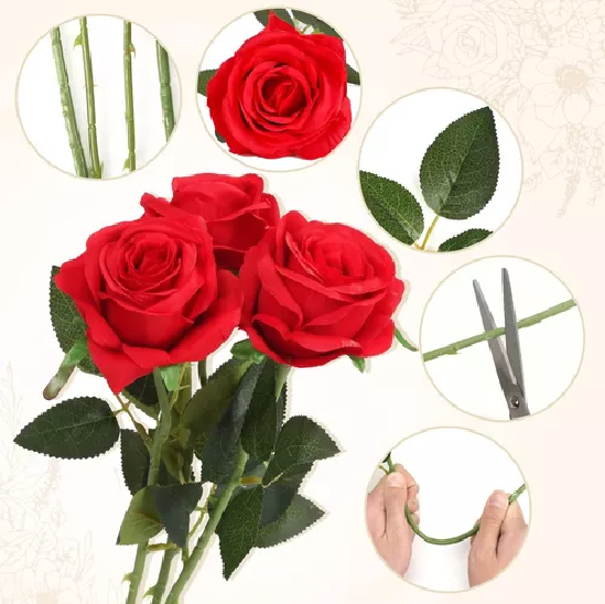 PACK DE 12 ROSAS ARTIFICIALES DE TERCIOPELO EN COLOR EN COLOR ROJO - 4