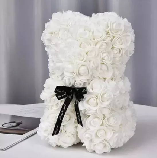 OSO DE FLORES ARTIFICIALES, OSITO DE ROSAS EN COLOR BLANCO - 3