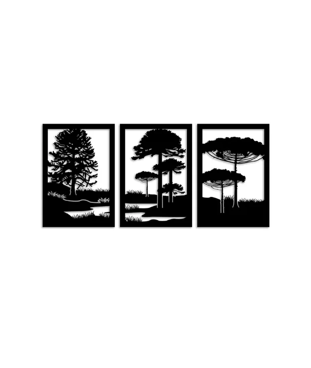 SET DE 3 CUADROS PAISAJE ÁRBOLES ARAUCARIAS EN COLOR NEGRO - 1