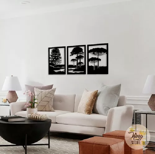 SET DE 3 CUADROS PAISAJE ÁRBOLES ARAUCARIAS EN COLOR NEGRO - 3