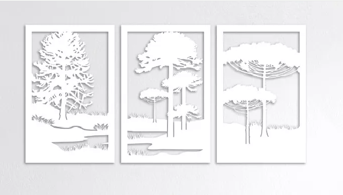 SET DE 3 CUADROS PAISAJE ÁRBOLES ARAUCARIAS EN COLOR BLANCO - 1