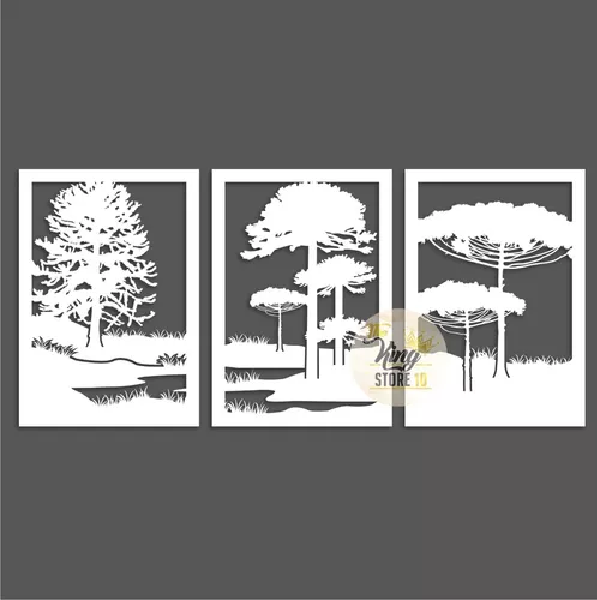 SET DE 3 CUADROS PAISAJE ÁRBOLES ARAUCARIAS EN COLOR BLANCO - 2