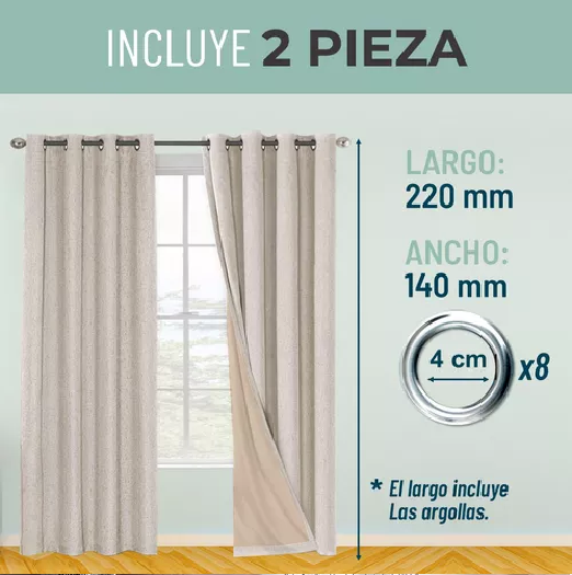 CORTINA BLACKOUT 100% 2 PAÑOS 140X220CM TEXTURA LINO BEIGE - 5