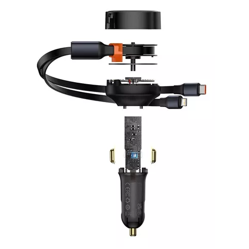 CARGADOR RÁPIDO AUTO BASEUS 2 EN 1 CABLE RETRÁCTIL 30W EN COLOR NEGRO - 6