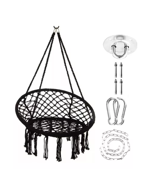 HAMACA SILLA COLGANTE REDONDA INTERIOR EXTERIOR MACRAMÉ EN COLOR NEGRO - 3