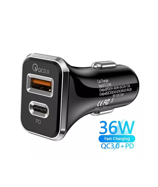 CARGADOR USB CARGA RÁPIDA DE AUTO EN COLOR NEGRO - 2