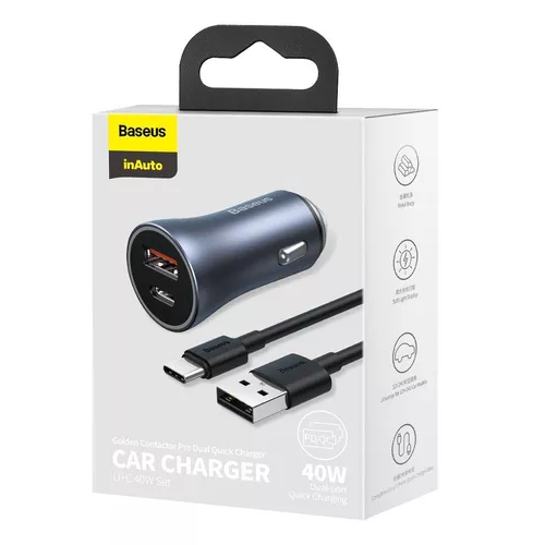 CARGADOR DOBLE USB/TIPO C 40W + CABLE TIPO C 5A 1M GRIS BASEUS - 6