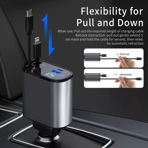 CARGADOR AUTO USB CARGA RÁPIDA Y 2 CABLES RETRÁCTILES - 2