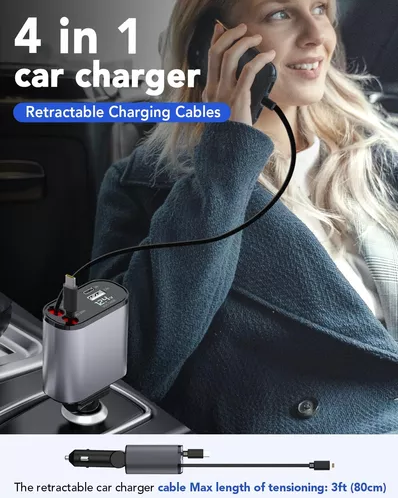 CARGADOR AUTO USB CARGA RÁPIDA Y 2 CABLES RETRÁCTILES - 3