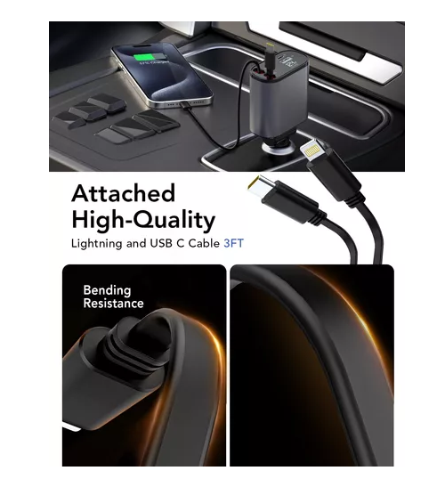 CARGADOR AUTO USB CARGA RÁPIDA Y 2 CABLES RETRÁCTILES - 4