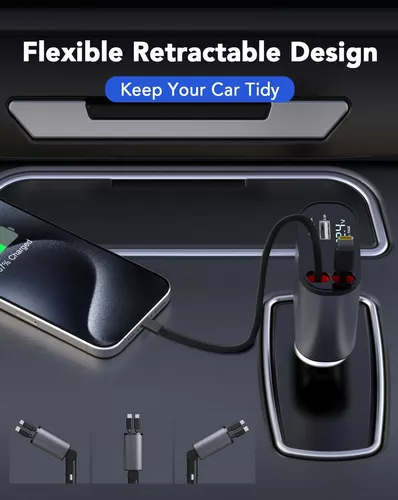 CARGADOR AUTO USB CARGA RÁPIDA Y 2 CABLES RETRÁCTILES - 6