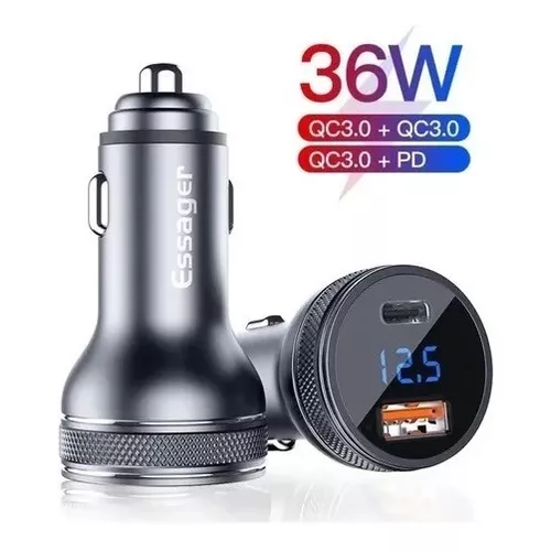 CARGADOR AUTO ESSAGER CARGA RÁPIDA 36W TIPO USB Y TIPO C EN COLOR NEGRO - 2