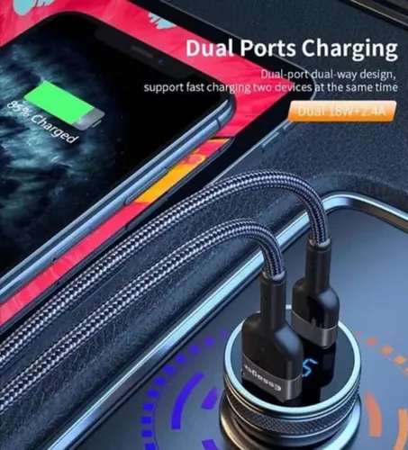 CARGADOR AUTO ESSAGER CARGA RÁPIDA 36W TIPO USB Y TIPO C EN COLOR NEGRO - 4
