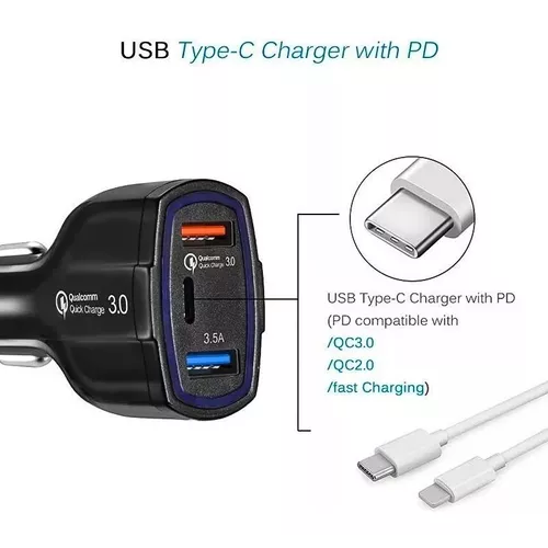 CARGADOR RÁPIDO AUTO DOBLE USB Y TIPO C QC3.0 EN COLOR NEGRO - 3