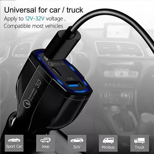 CARGADOR RÁPIDO AUTO DOBLE USB Y TIPO C QC3.0 EN COLOR NEGRO - 4