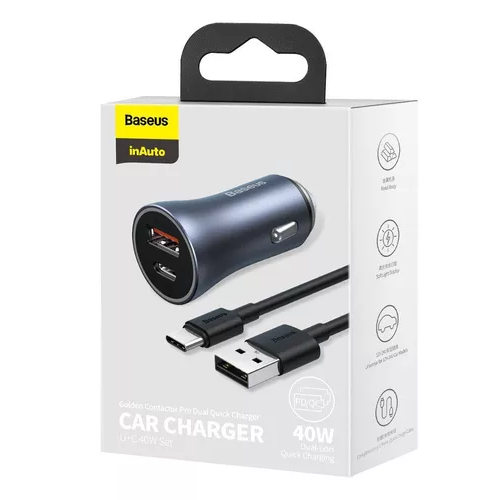 CARGADOR DOBLE USB/TIPO C 40W + CABLE TIPO C 5A 1M GRIS BASEUS - 6