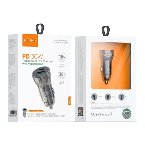 CARGADOR DE AUTO 2 PUERTOS TIPO C Y USB 30W VIDVIE EN COLOR NEGRO - 1