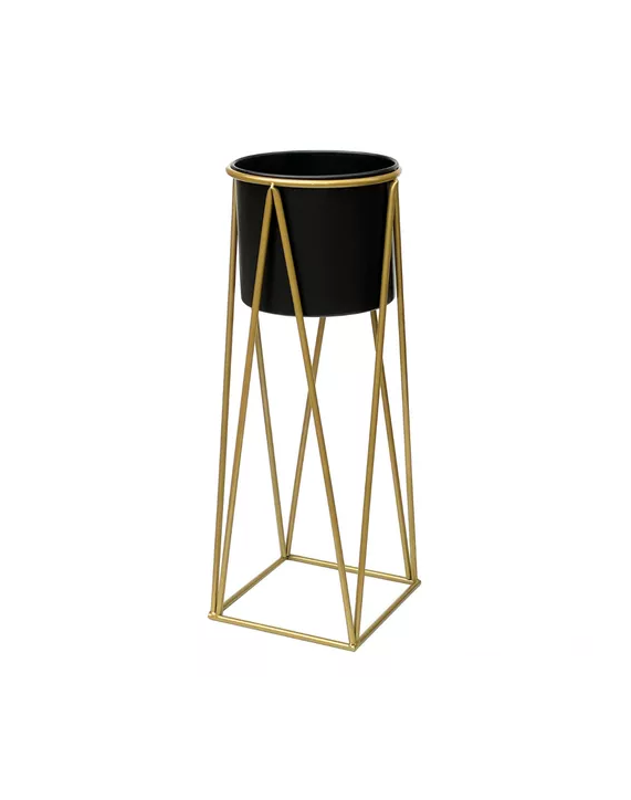 PORTA MACETERO PEDESTAL NEGRO Y DORADO PARA PLANTAS - 1