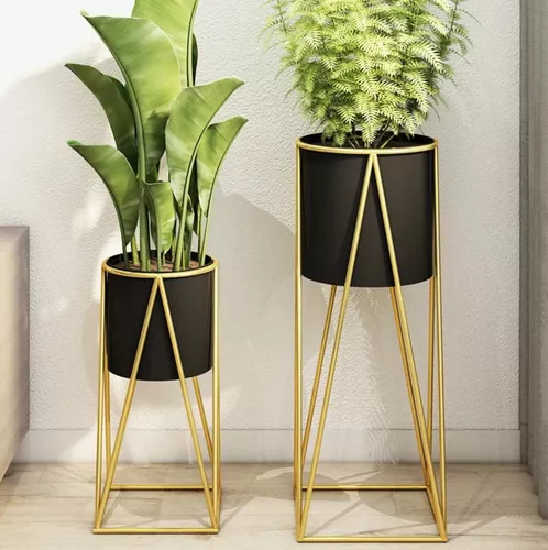 PORTA MACETERO PEDESTAL NEGRO Y DORADO PARA PLANTAS - 3