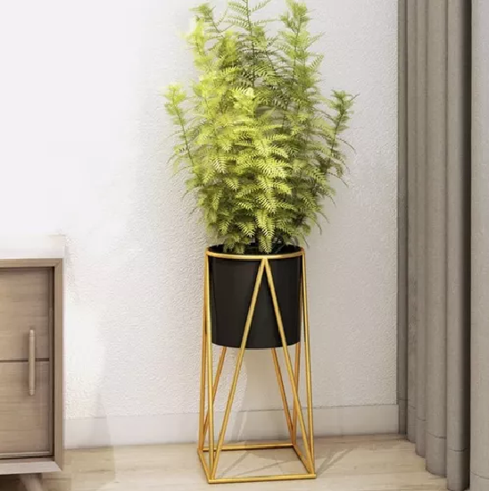 PORTA MACETERO PEDESTAL NEGRO Y DORADO PARA PLANTAS - 4
