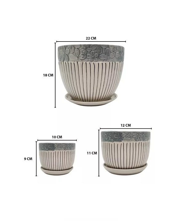 SET DE 3 MACETEROS CERÁMICA BLANCA CON FLORES Y LÍNEAS - 3