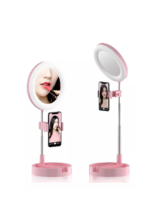 ARO DE LUZ LED + ESPEJO DE MAQUILLAJE + SOPORTE DE CELULAR 3EN1, ESTRUCTURA ROSA CLARO - 2