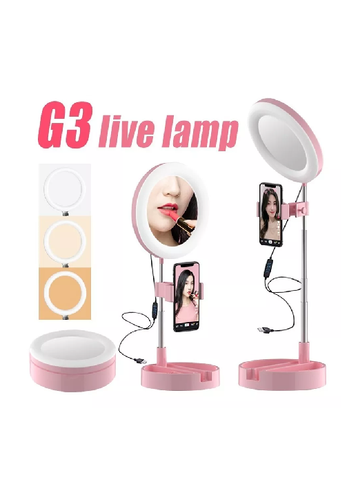 ARO DE LUZ LED + ESPEJO DE MAQUILLAJE + SOPORTE DE CELULAR 3EN1, ESTRUCTURA ROSA CLARO - 3