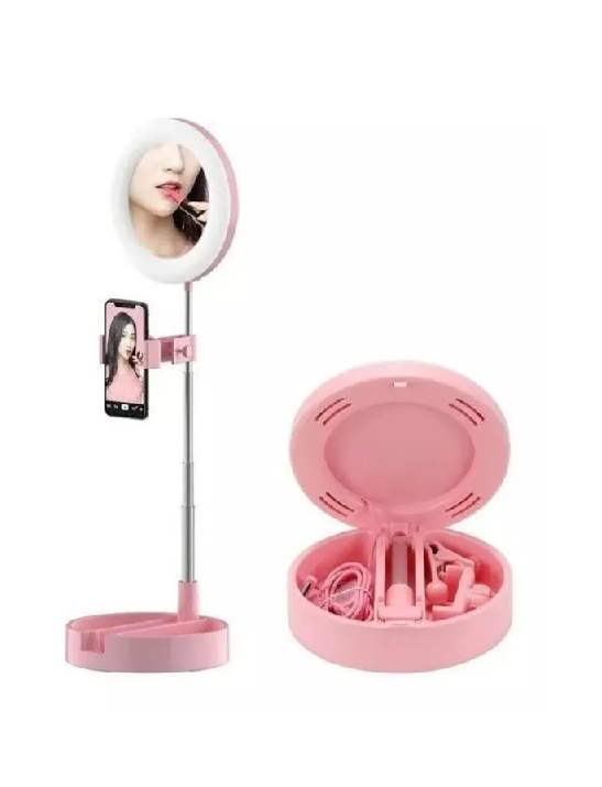 ARO DE LUZ LED + ESPEJO DE MAQUILLAJE + SOPORTE DE CELULAR 3EN1, ESTRUCTURA ROSA CLARO - 4