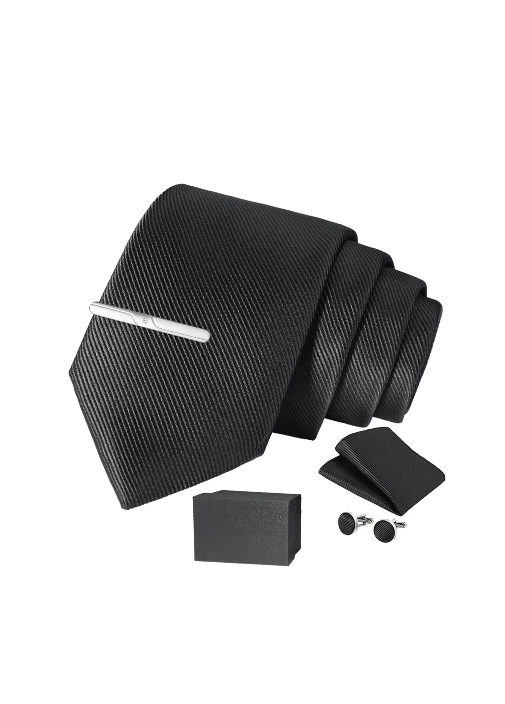 SET CORBATA, PAÑUELO SEDA, GEMELOS, CLIP, EN COLOR NEGRO - 2