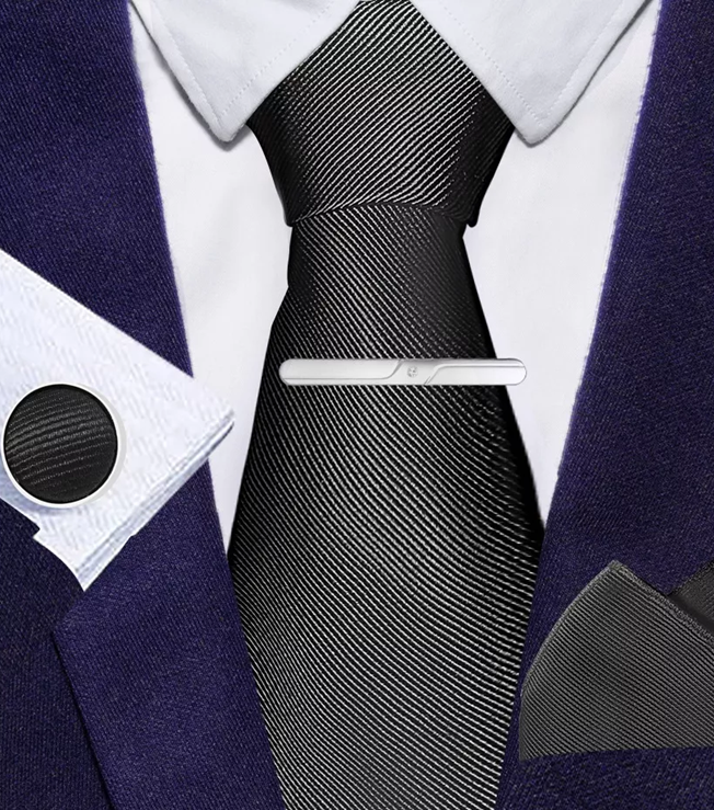 SET CORBATA, PAÑUELO SEDA, GEMELOS, CLIP, EN COLOR NEGRO - 3