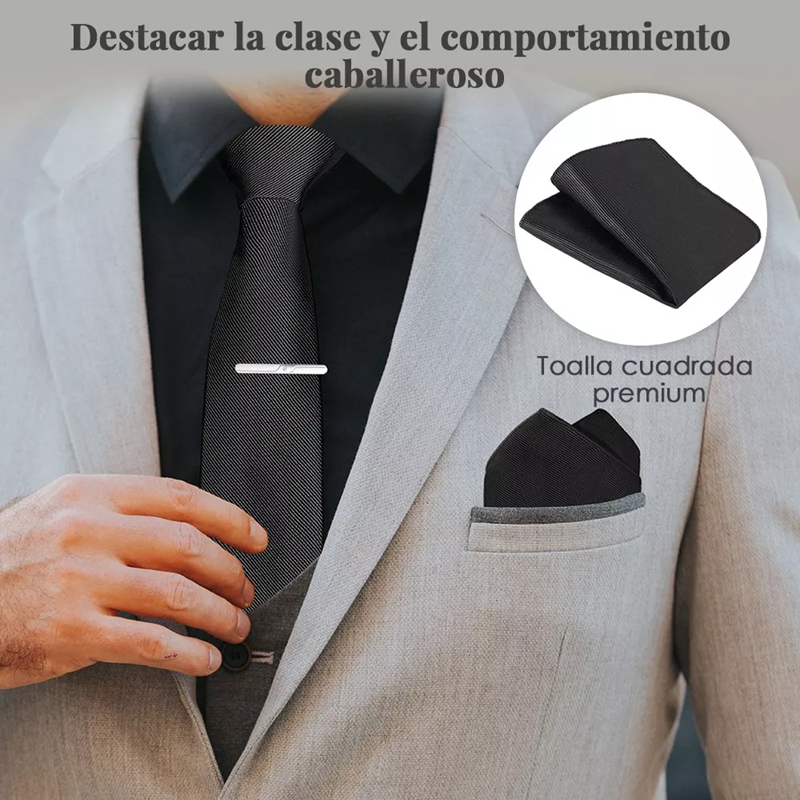 SET CORBATA, PAÑUELO SEDA, GEMELOS, CLIP, EN COLOR NEGRO - 4