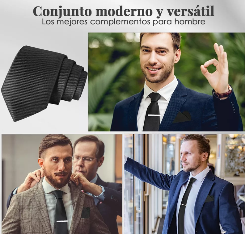 SET CORBATA, PAÑUELO SEDA, GEMELOS, CLIP, EN COLOR NEGRO - 5